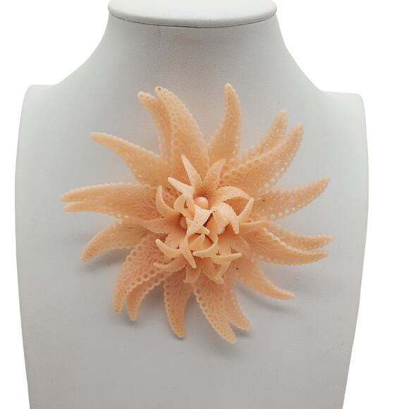 Pale Peach Celluloid Flower Brooch Huge 4" Early Plastic Pin Acrylic Corsage - Picture 8 of 9